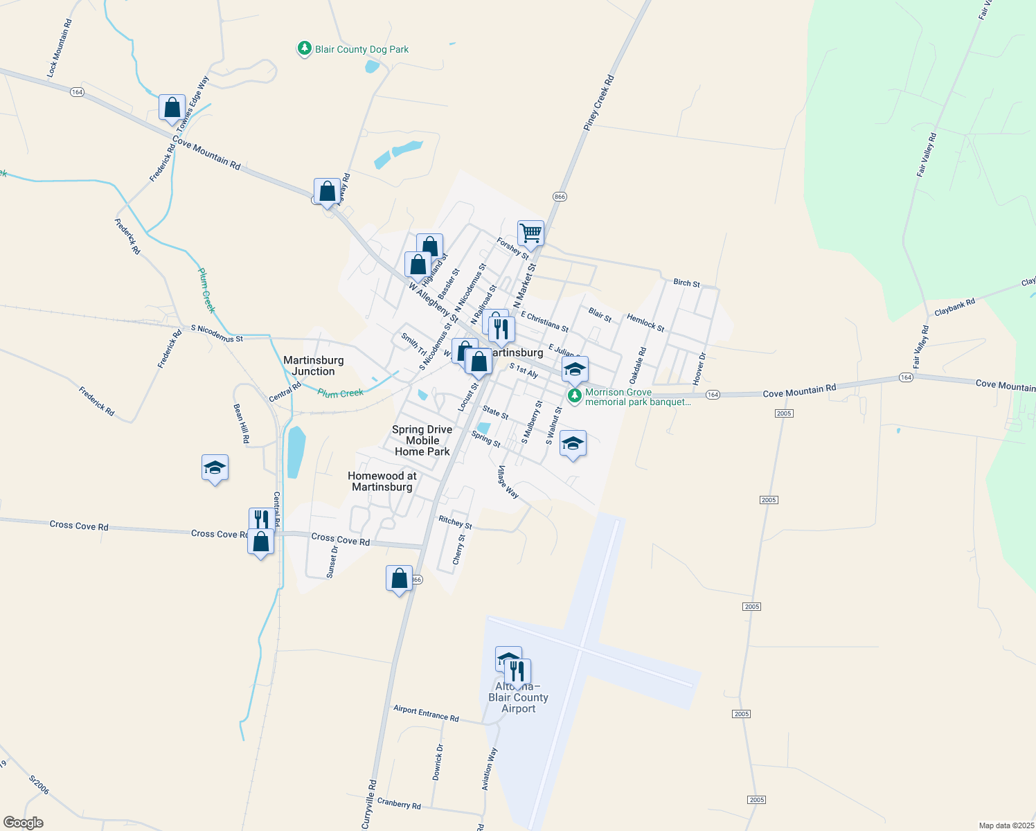 map of restaurants, bars, coffee shops, grocery stores, and more near 301 State Street in Martinsburg