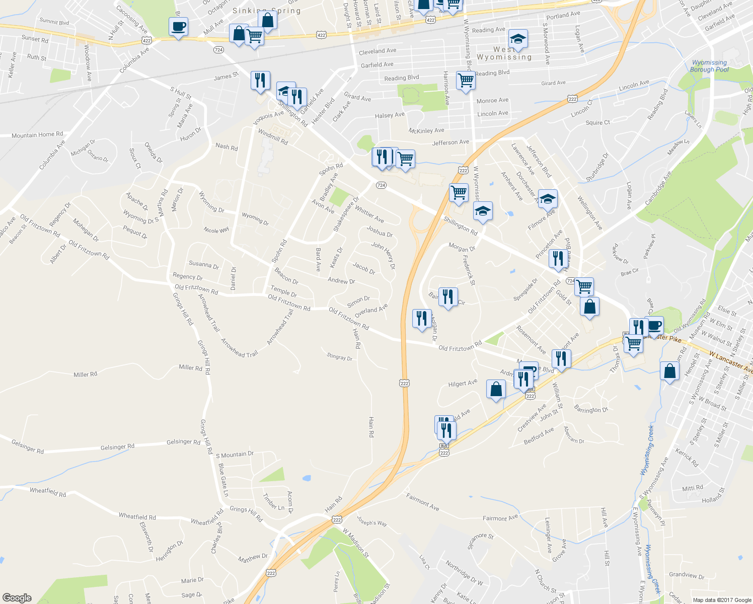 map of restaurants, bars, coffee shops, grocery stores, and more near 2500 Simon Drive in Sinking Spring