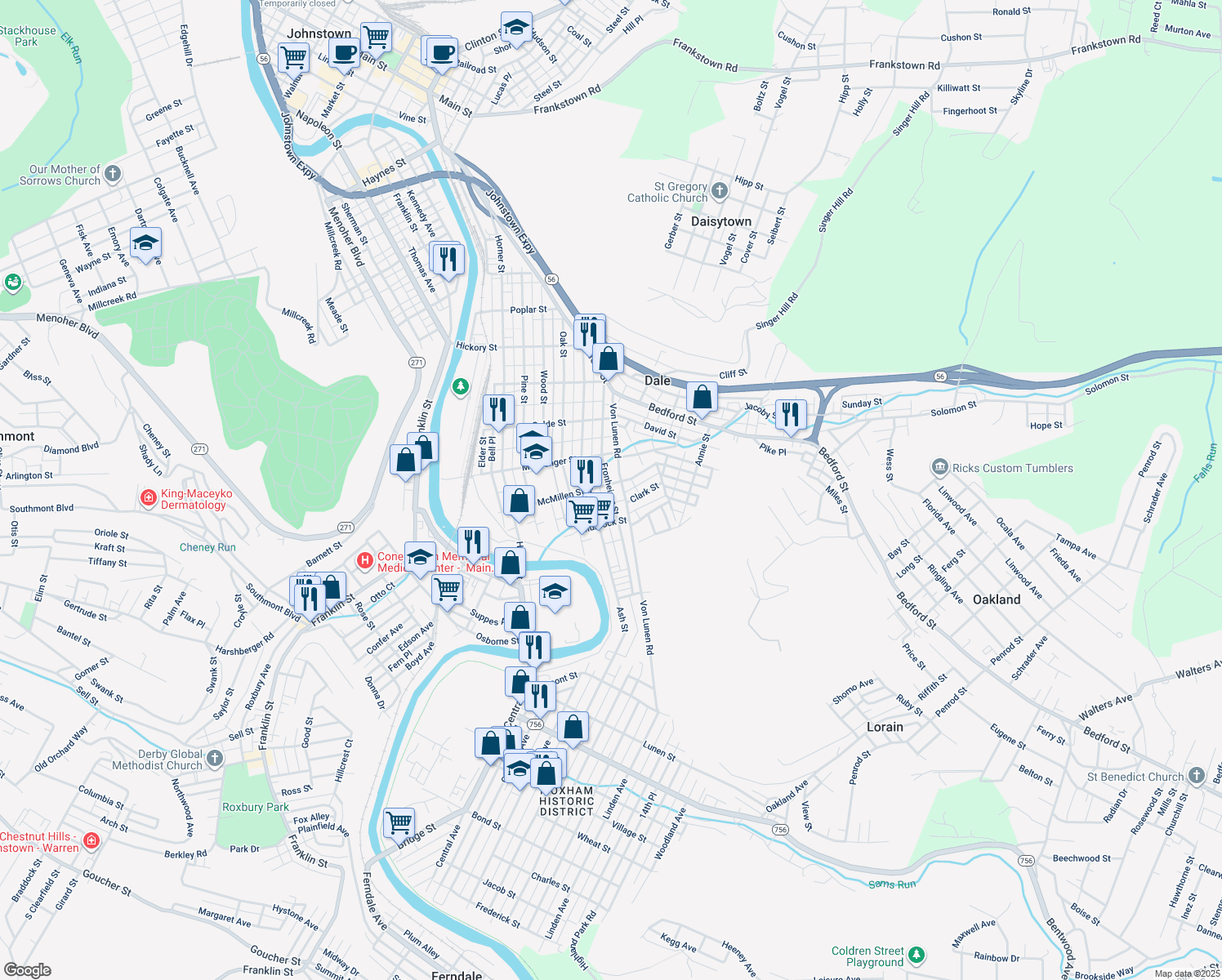 map of restaurants, bars, coffee shops, grocery stores, and more near 814 Fronheiser Street in Johnstown