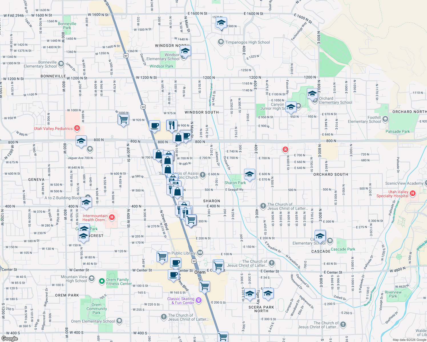 map of restaurants, bars, coffee shops, grocery stores, and more near 620 North 120 East in Orem