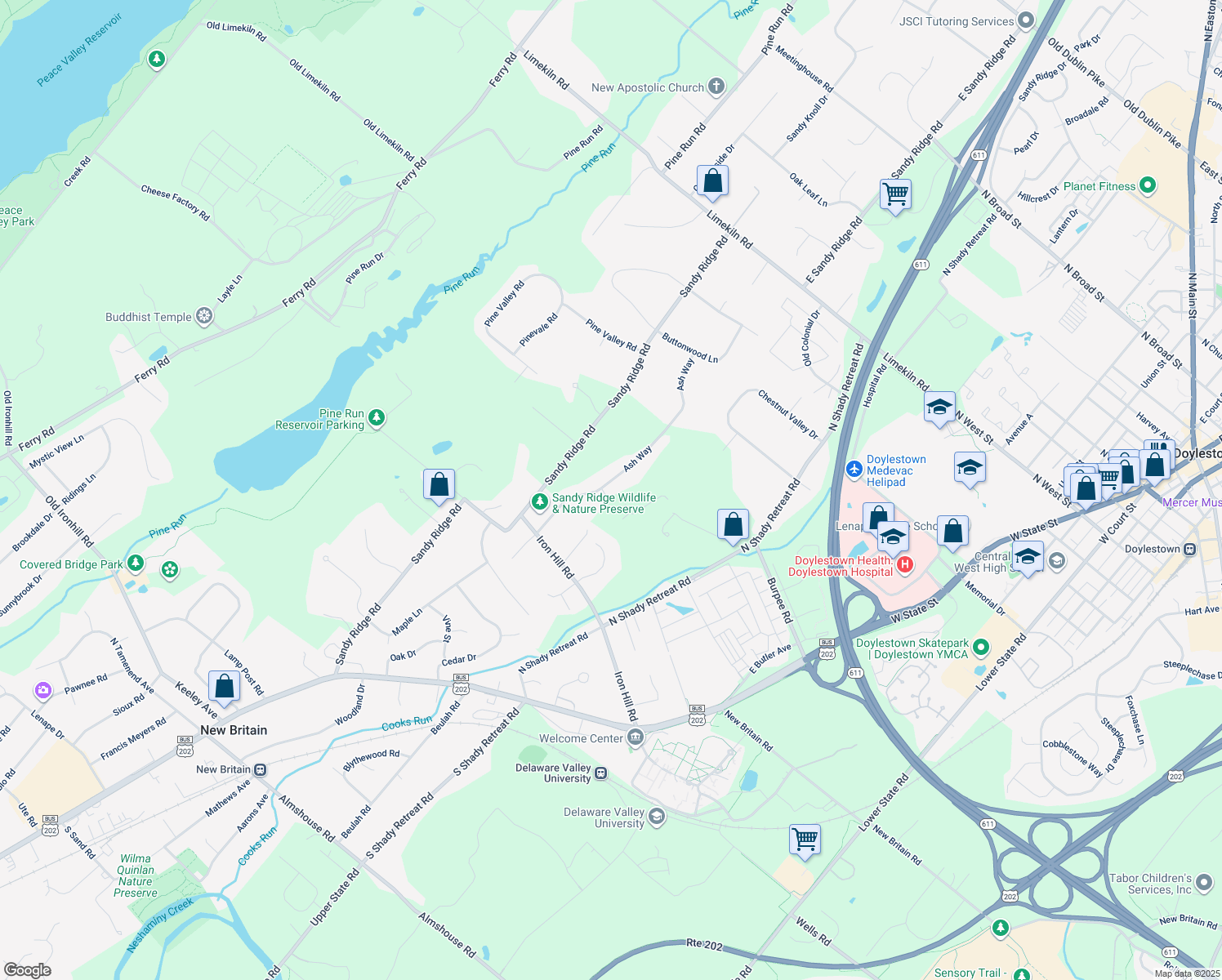 map of restaurants, bars, coffee shops, grocery stores, and more near 187 Ash Way in Doylestown