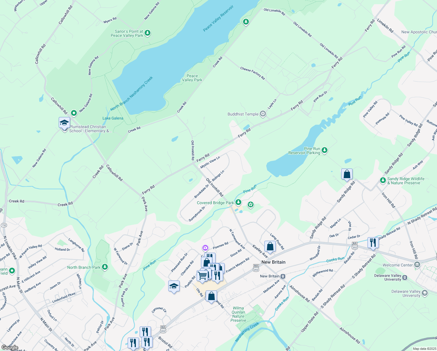 map of restaurants, bars, coffee shops, grocery stores, and more near 114 Ridings Lane in Doylestown