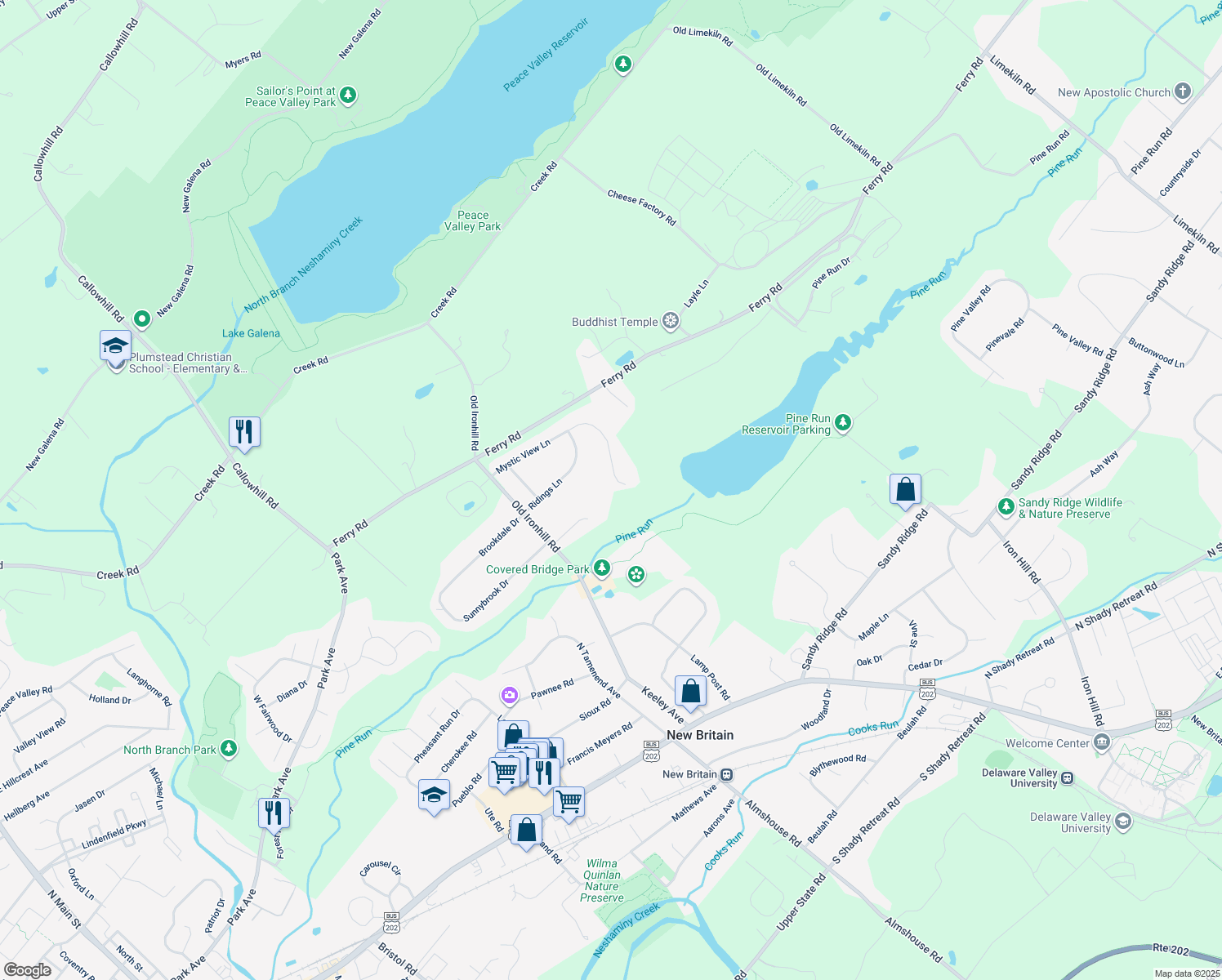 map of restaurants, bars, coffee shops, grocery stores, and more near 54 Mystic View Lane in Doylestown