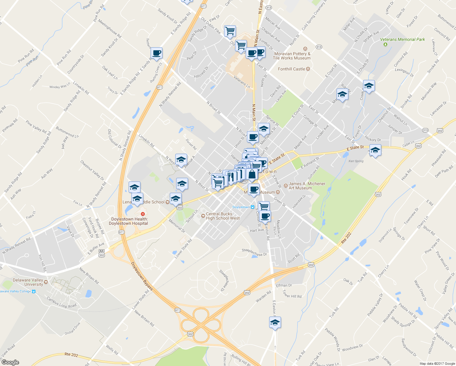 map of restaurants, bars, coffee shops, grocery stores, and more near 152 Wood Street in Doylestown