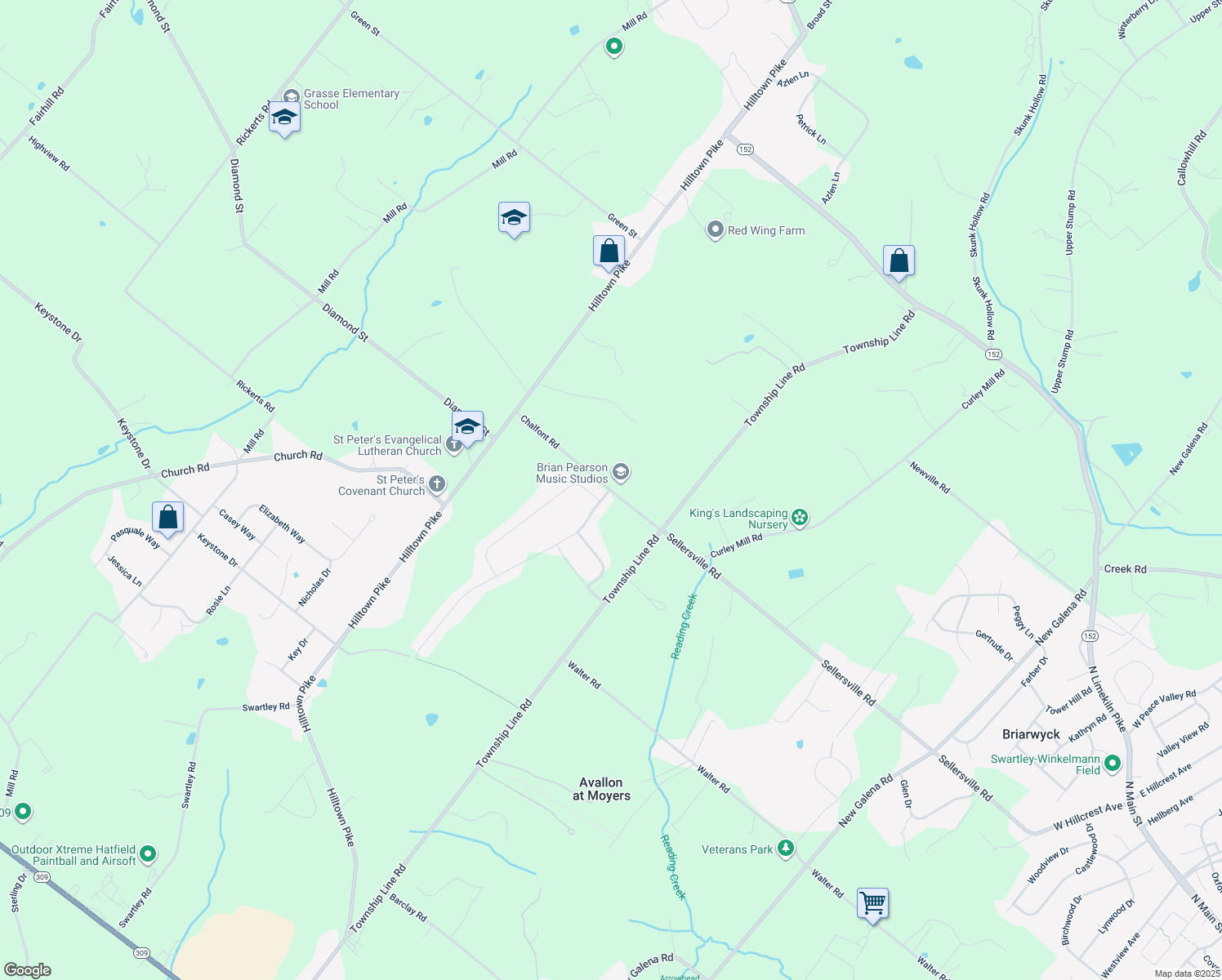 map of restaurants, bars, coffee shops, grocery stores, and more near 219 Chalfont Road in Chalfont