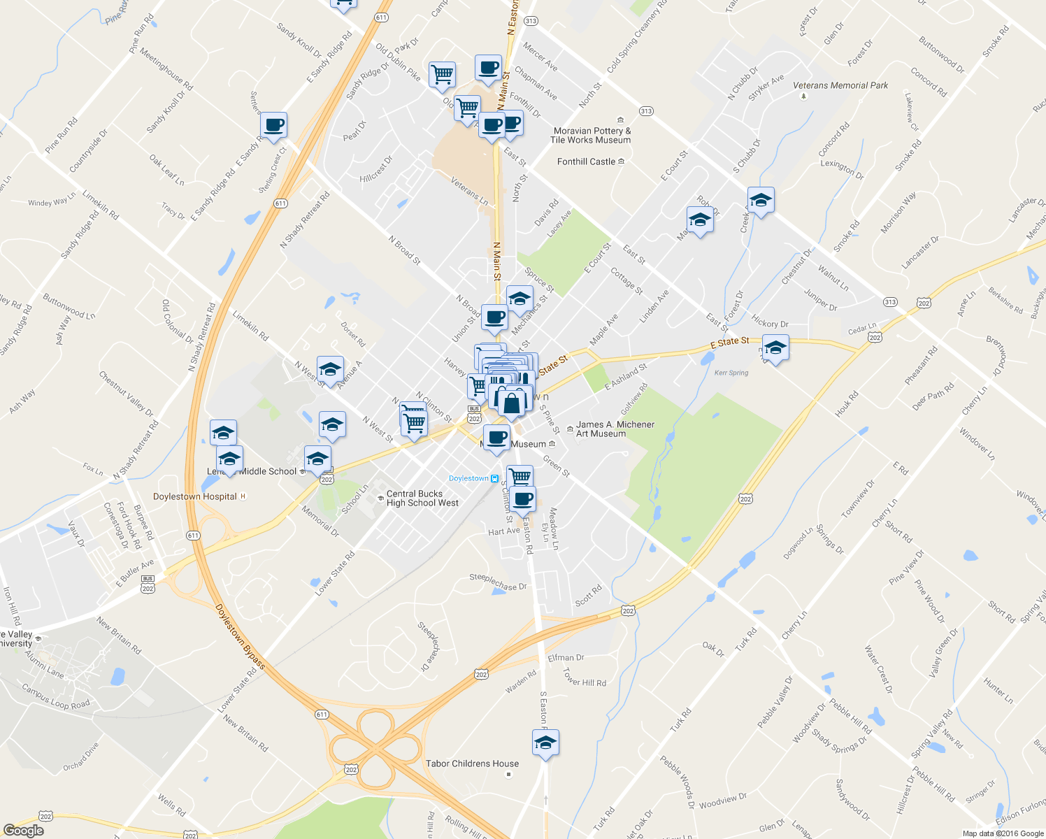 map of restaurants, bars, coffee shops, grocery stores, and more near Taylor Avenue in Doylestown