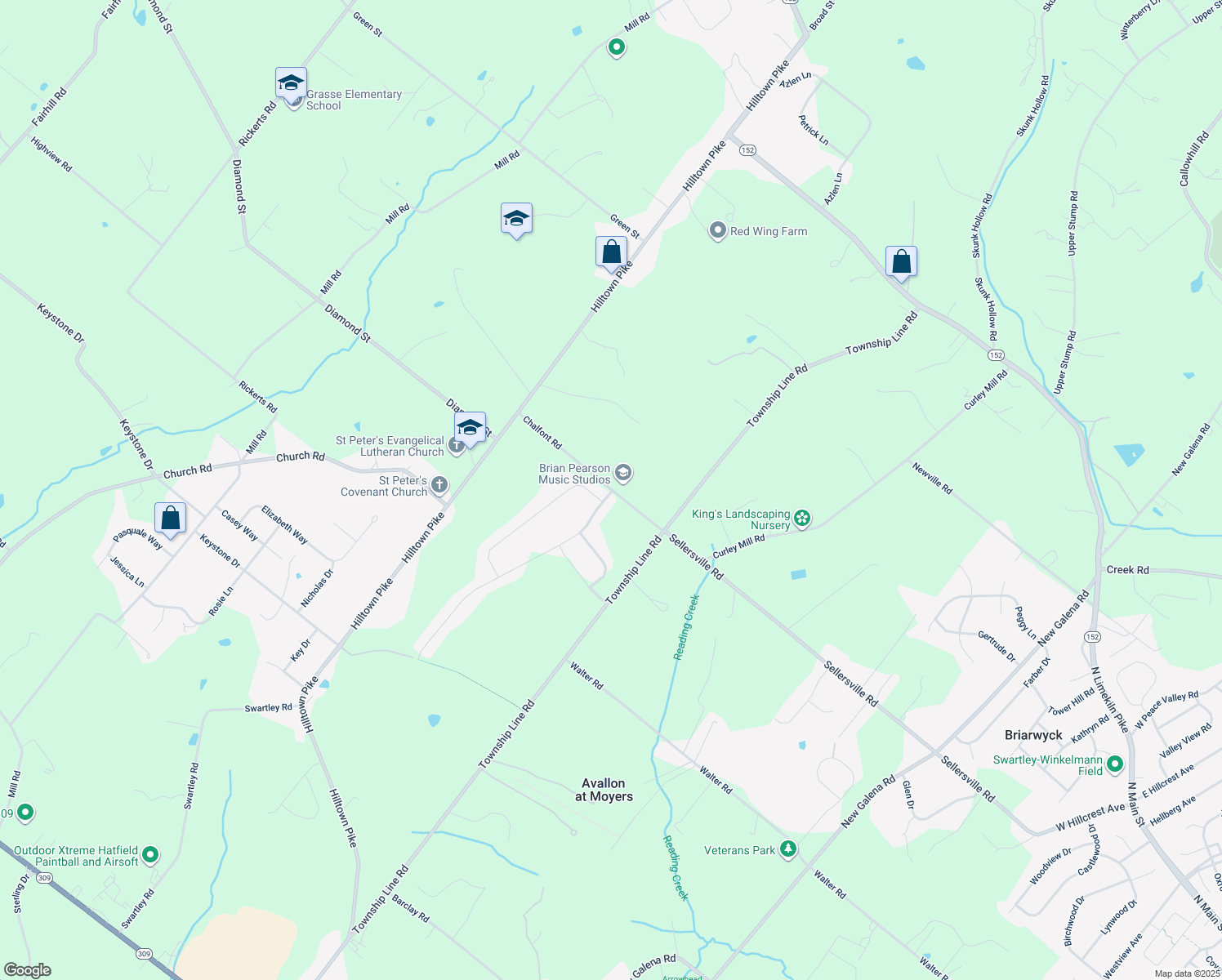 map of restaurants, bars, coffee shops, grocery stores, and more near 214 Chalfont Road in Chalfont