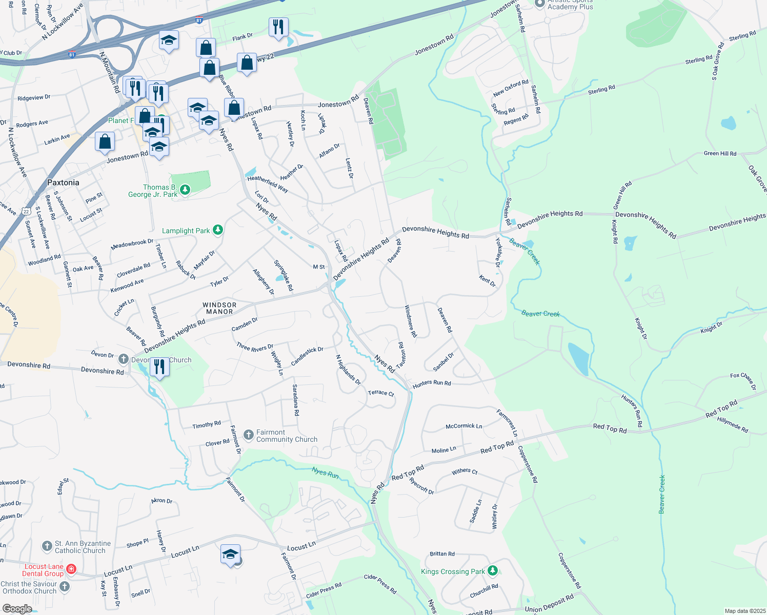 map of restaurants, bars, coffee shops, grocery stores, and more near 322 Deaven Road in Harrisburg