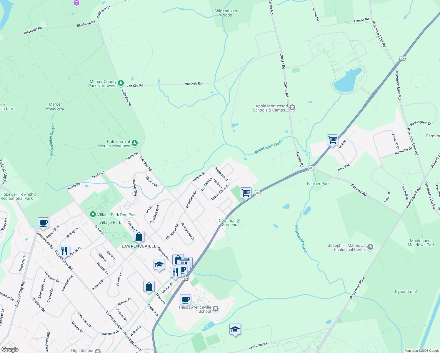 map of restaurants, bars, coffee shops, grocery stores, and more near 9 Brookdale Drive in Lawrence Township