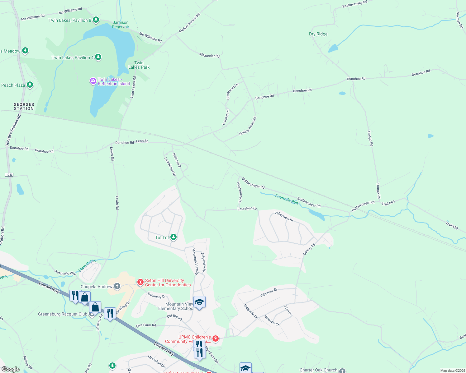 map of restaurants, bars, coffee shops, grocery stores, and more near 1207 Windemere Drive in Latrobe
