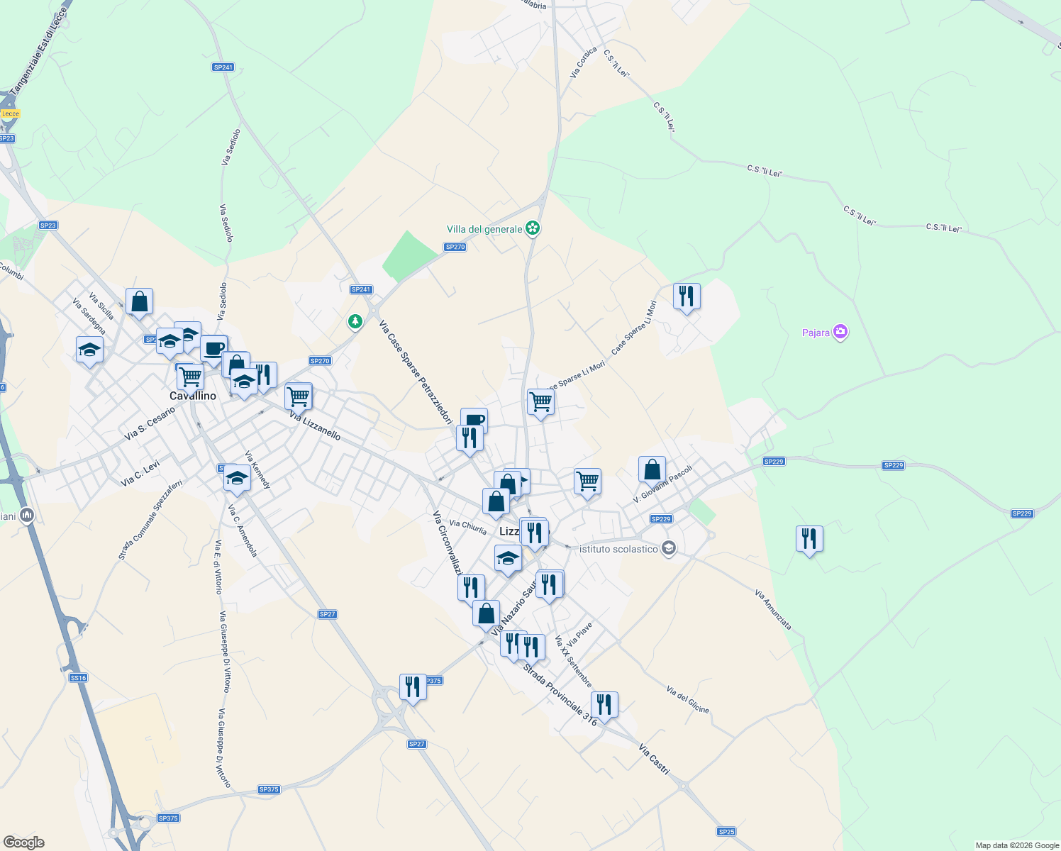 map of restaurants, bars, coffee shops, grocery stores, and more near 2 Via Napoli in Lizzanello
