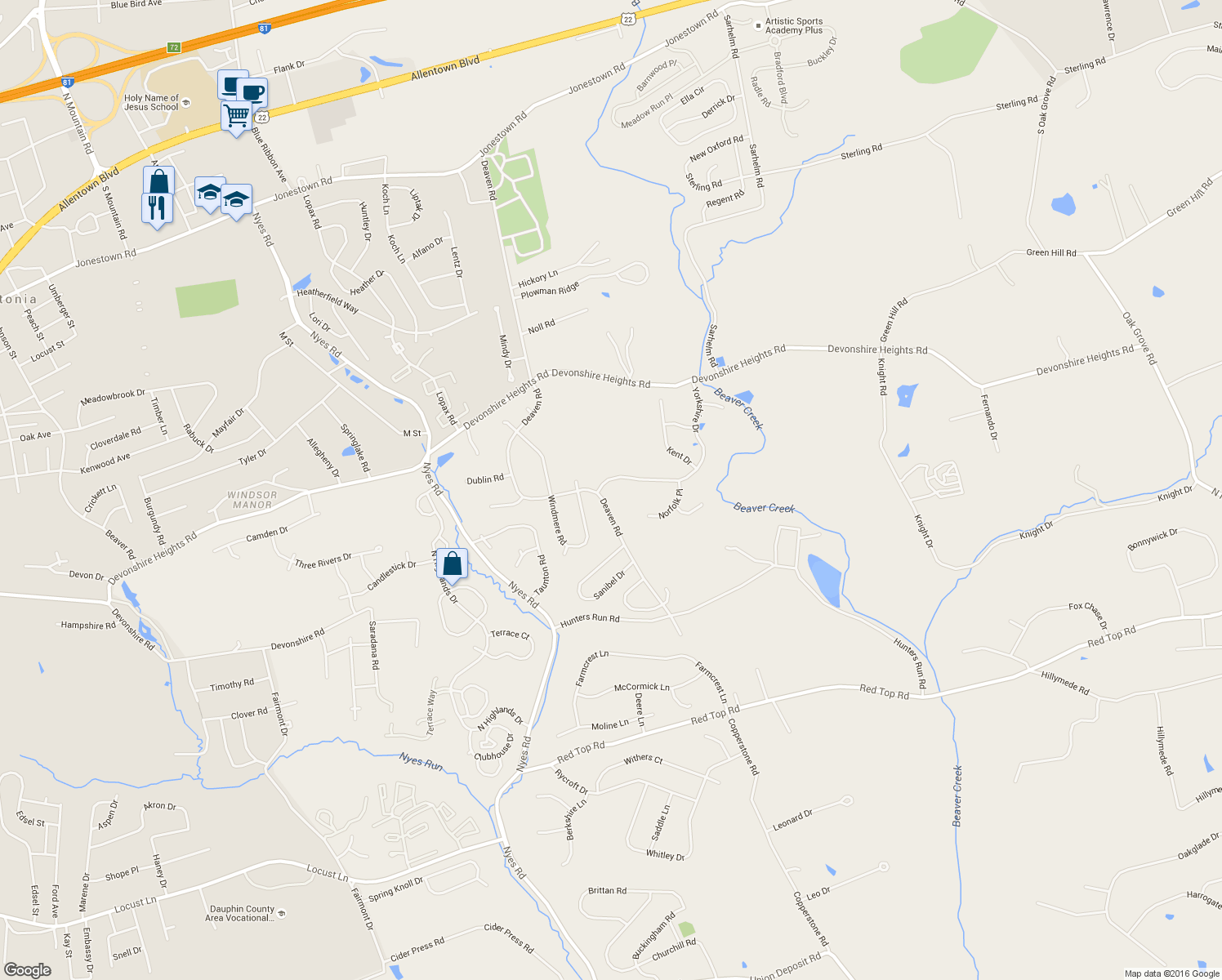 map of restaurants, bars, coffee shops, grocery stores, and more near 343 Yorkshire Dr in Harrisburg