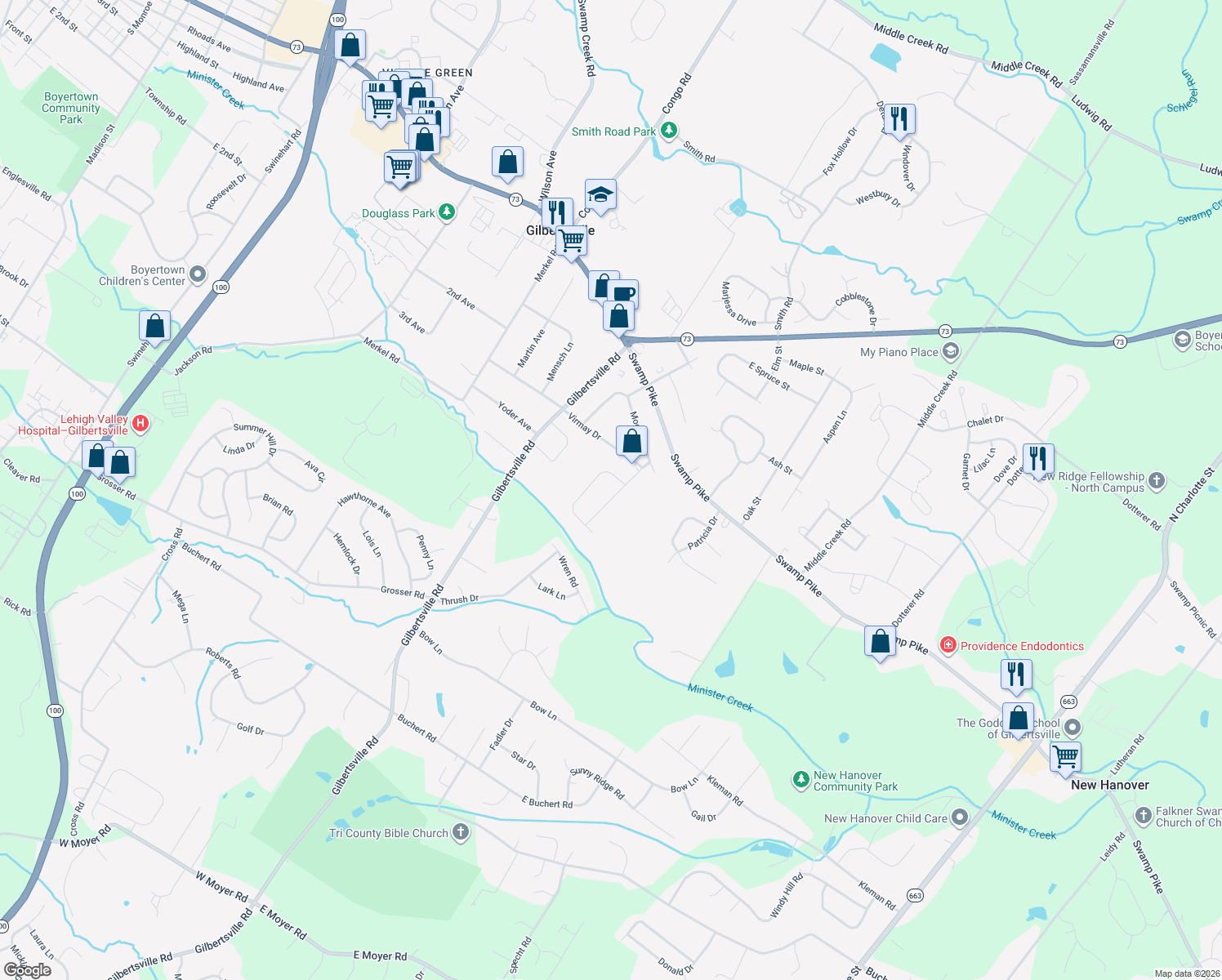 map of restaurants, bars, coffee shops, grocery stores, and more near 35 Pine Lane in Gilbertsville