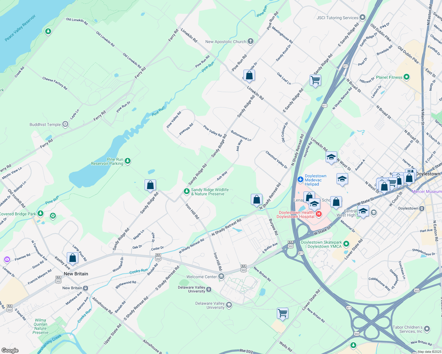 map of restaurants, bars, coffee shops, grocery stores, and more near 145 Ash Way in Doylestown