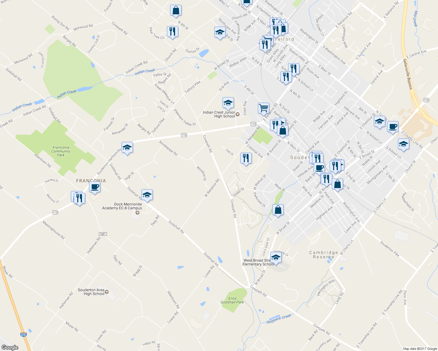 map of restaurants, bars, coffee shops, grocery stores, and more near 356 Cowpath Road in Souderton