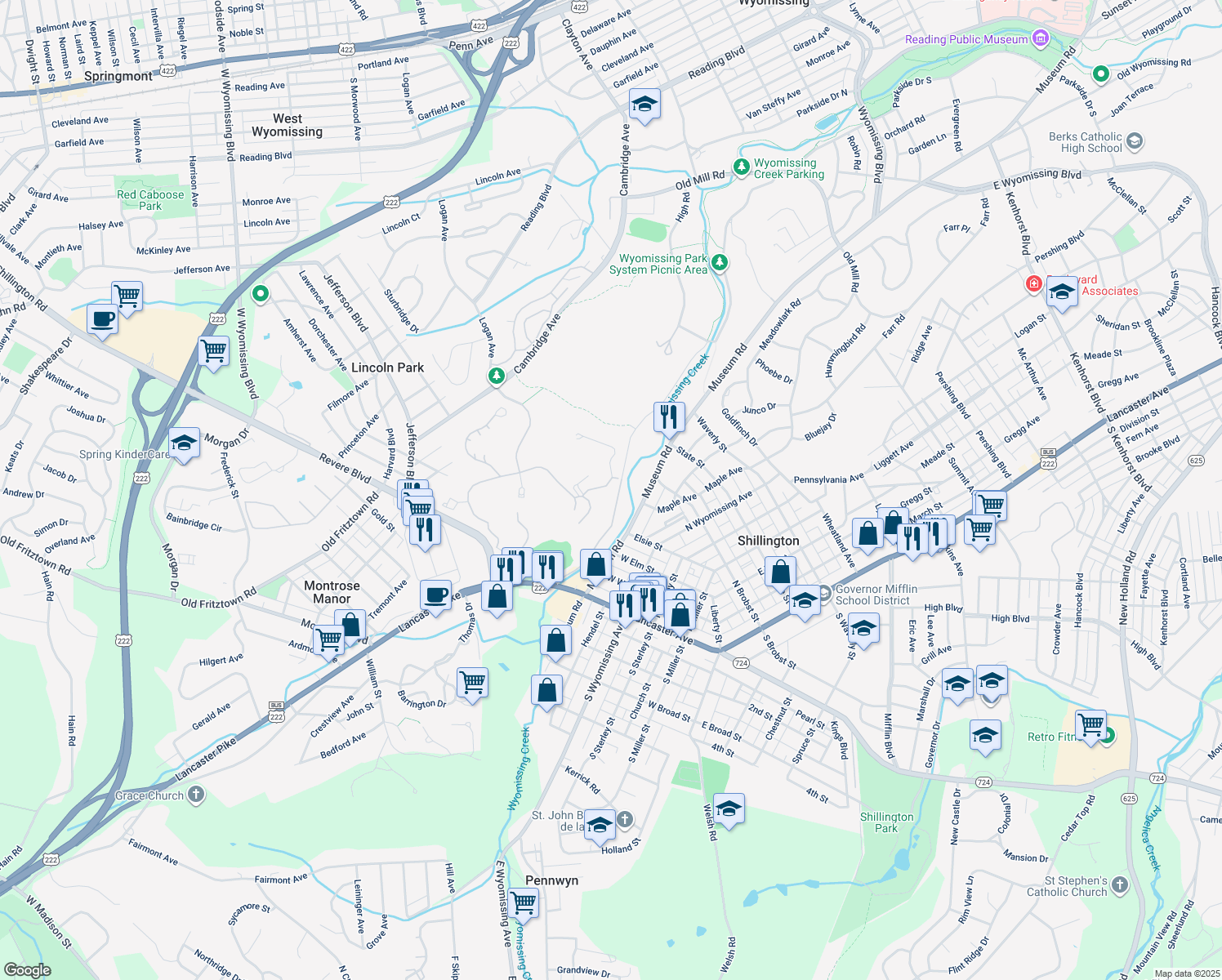 map of restaurants, bars, coffee shops, grocery stores, and more near 1985 Old Wyomissing Road in Reading