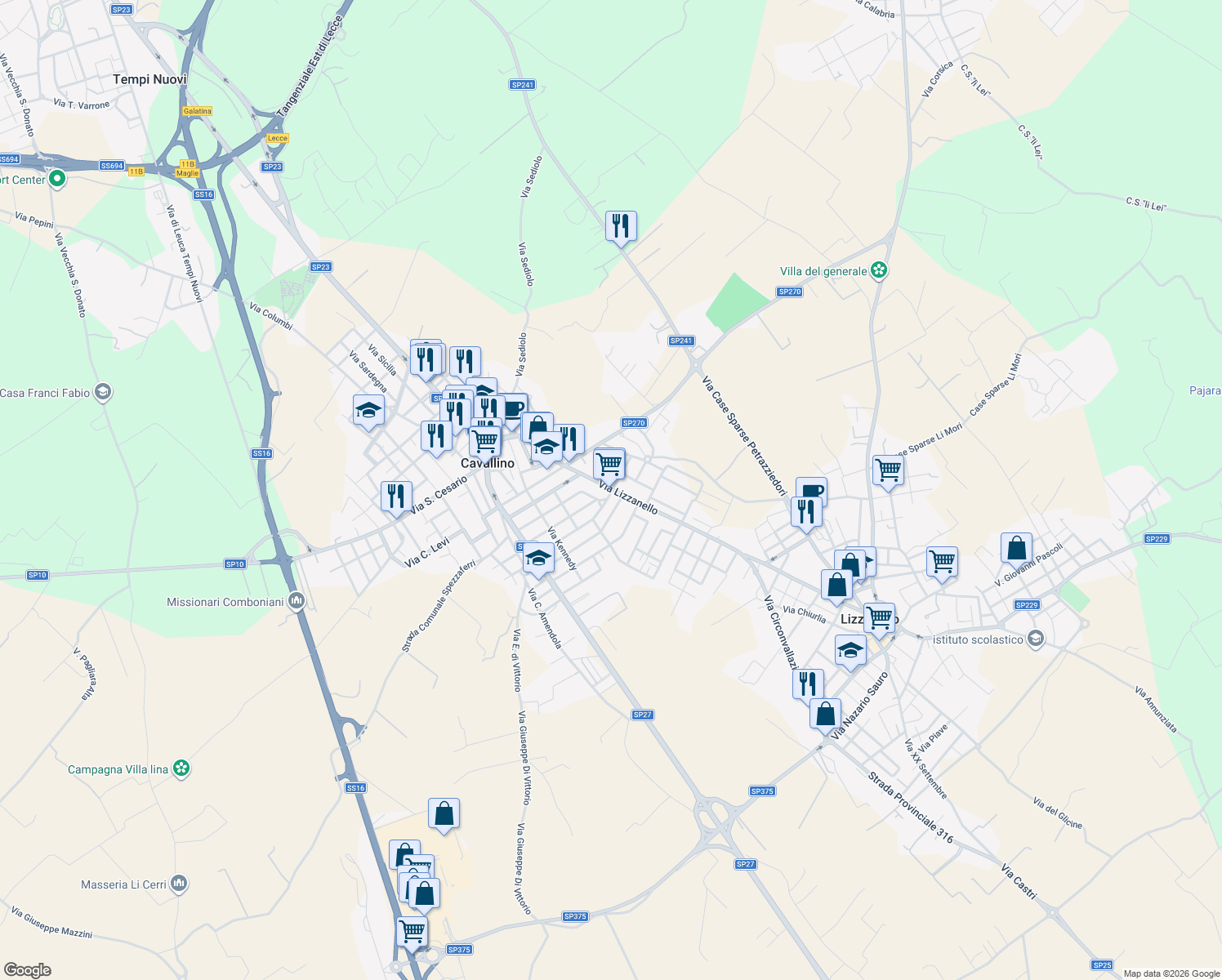 map of restaurants, bars, coffee shops, grocery stores, and more near 110 Via Lizzanello in Cavallino