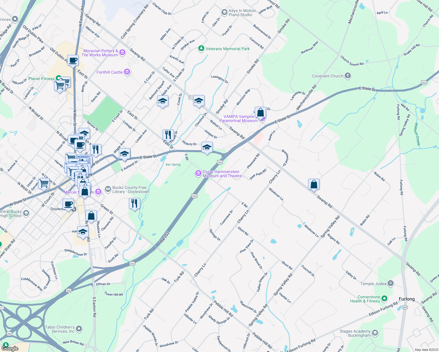 map of restaurants, bars, coffee shops, grocery stores, and more near 18 Houk Road in Doylestown