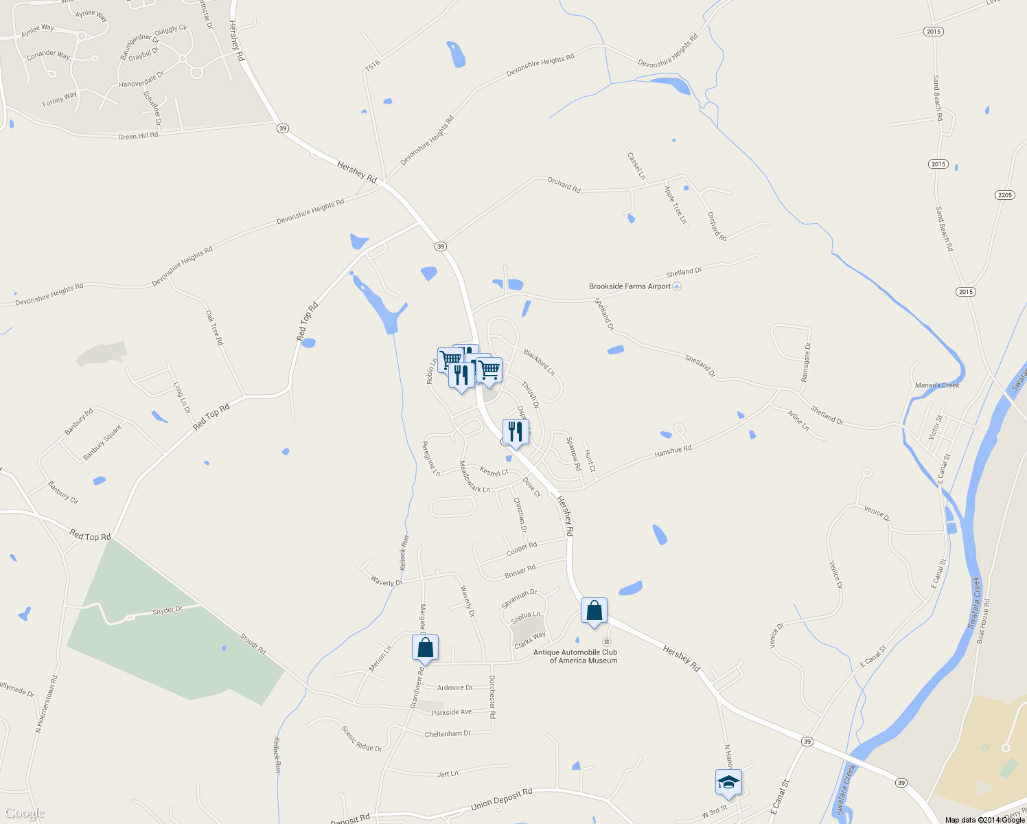 map of restaurants, bars, coffee shops, grocery stores, and more near 104 Hawk Court in Hummelstown
