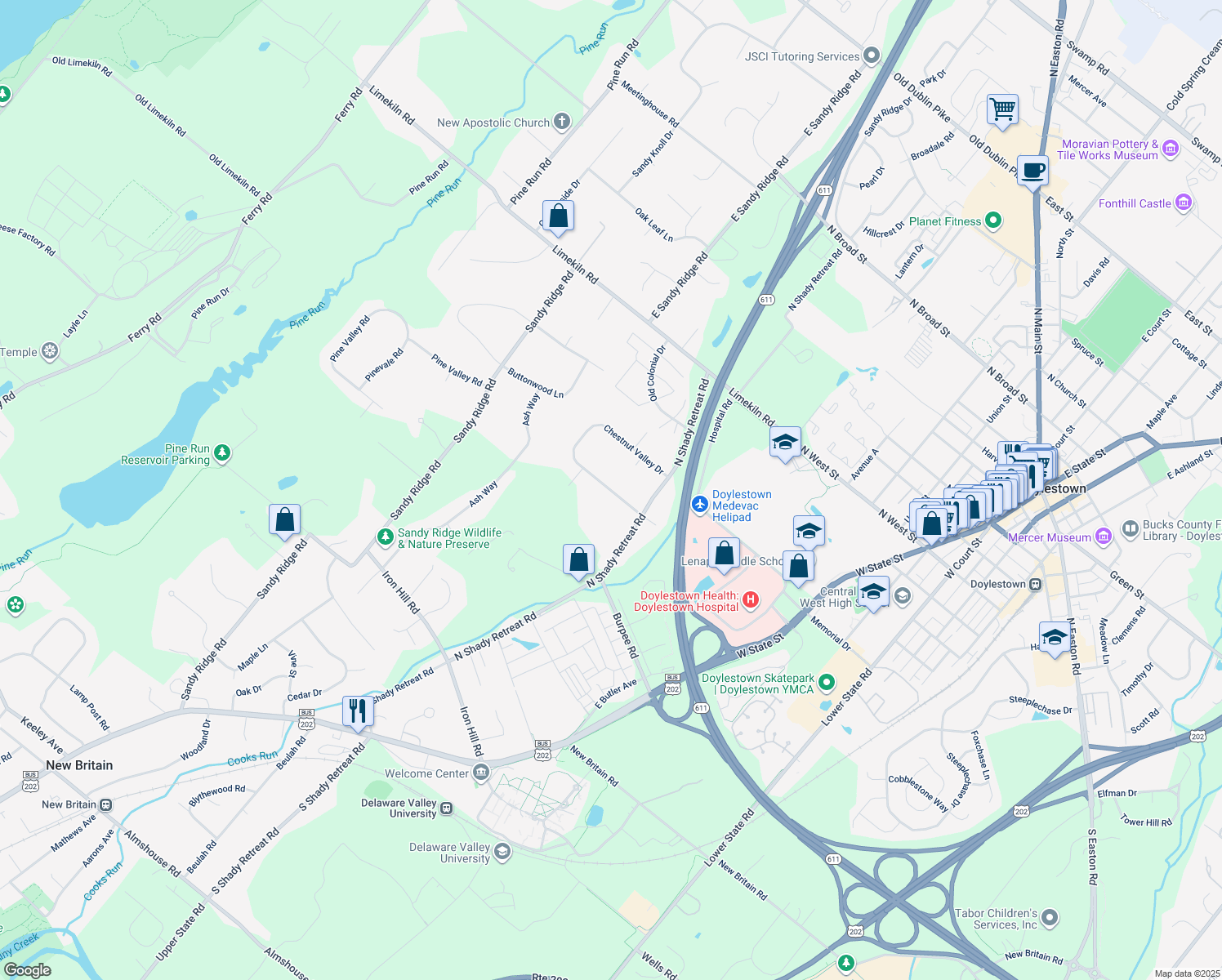 map of restaurants, bars, coffee shops, grocery stores, and more near 52 Chestnut Valley Drive in Doylestown