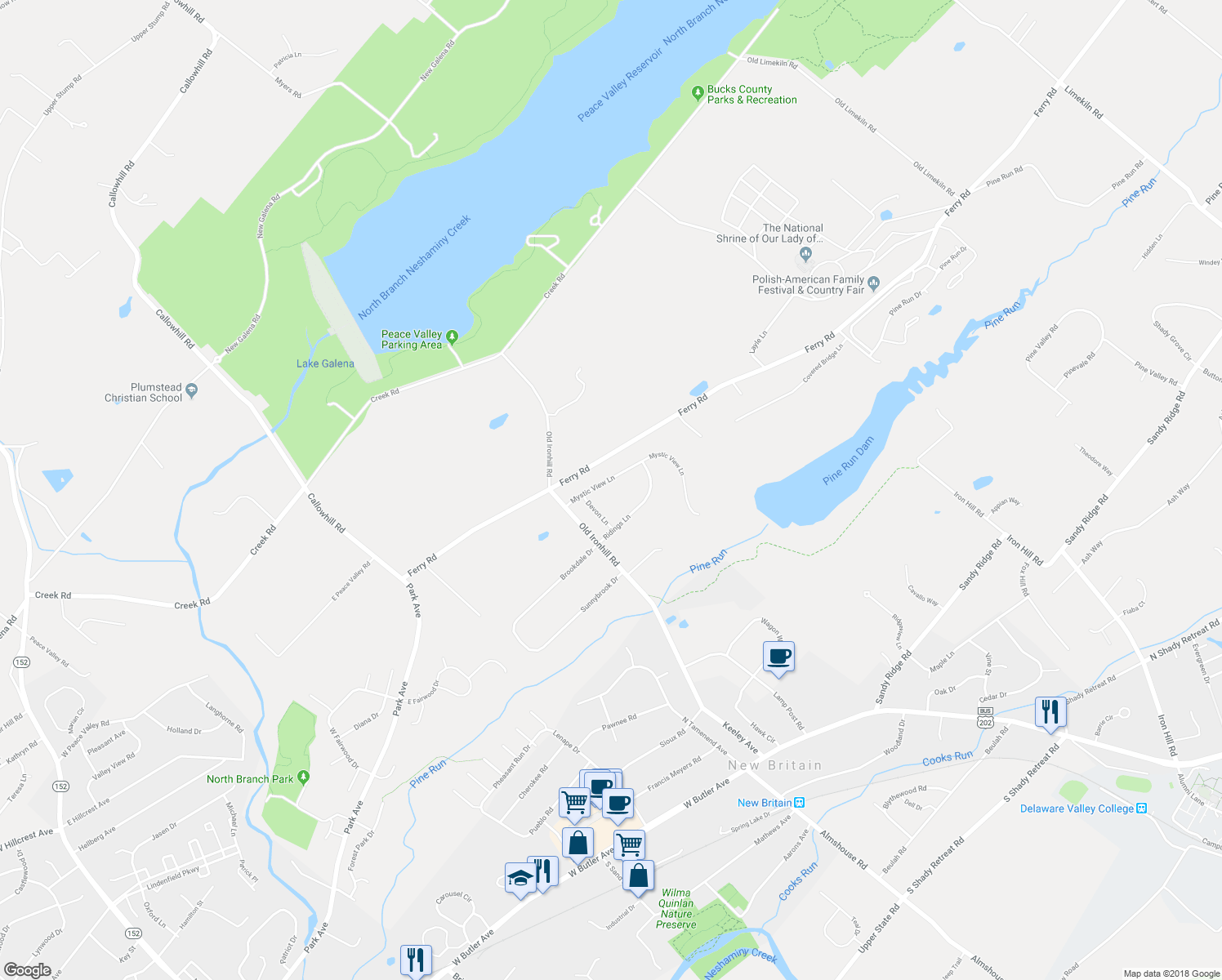 map of restaurants, bars, coffee shops, grocery stores, and more near 20 Mystic View Lane in Doylestown