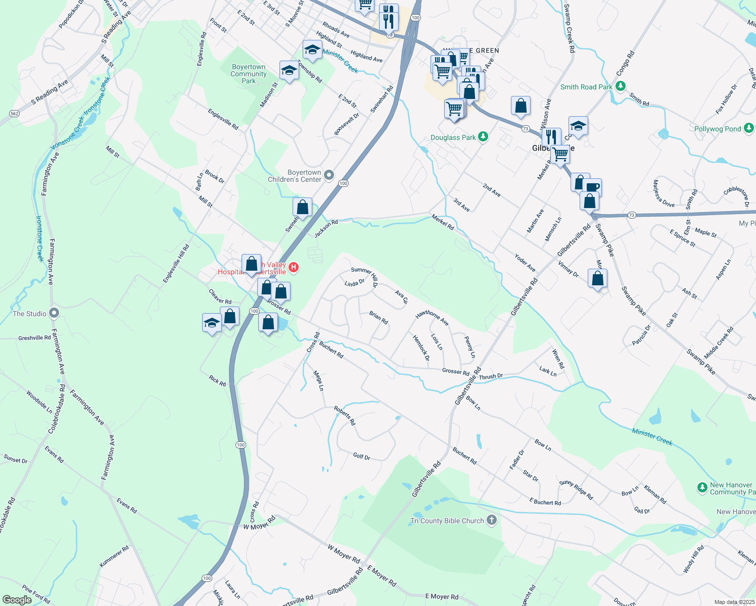 map of restaurants, bars, coffee shops, grocery stores, and more near 16 Ava Circle in Gilbertsville