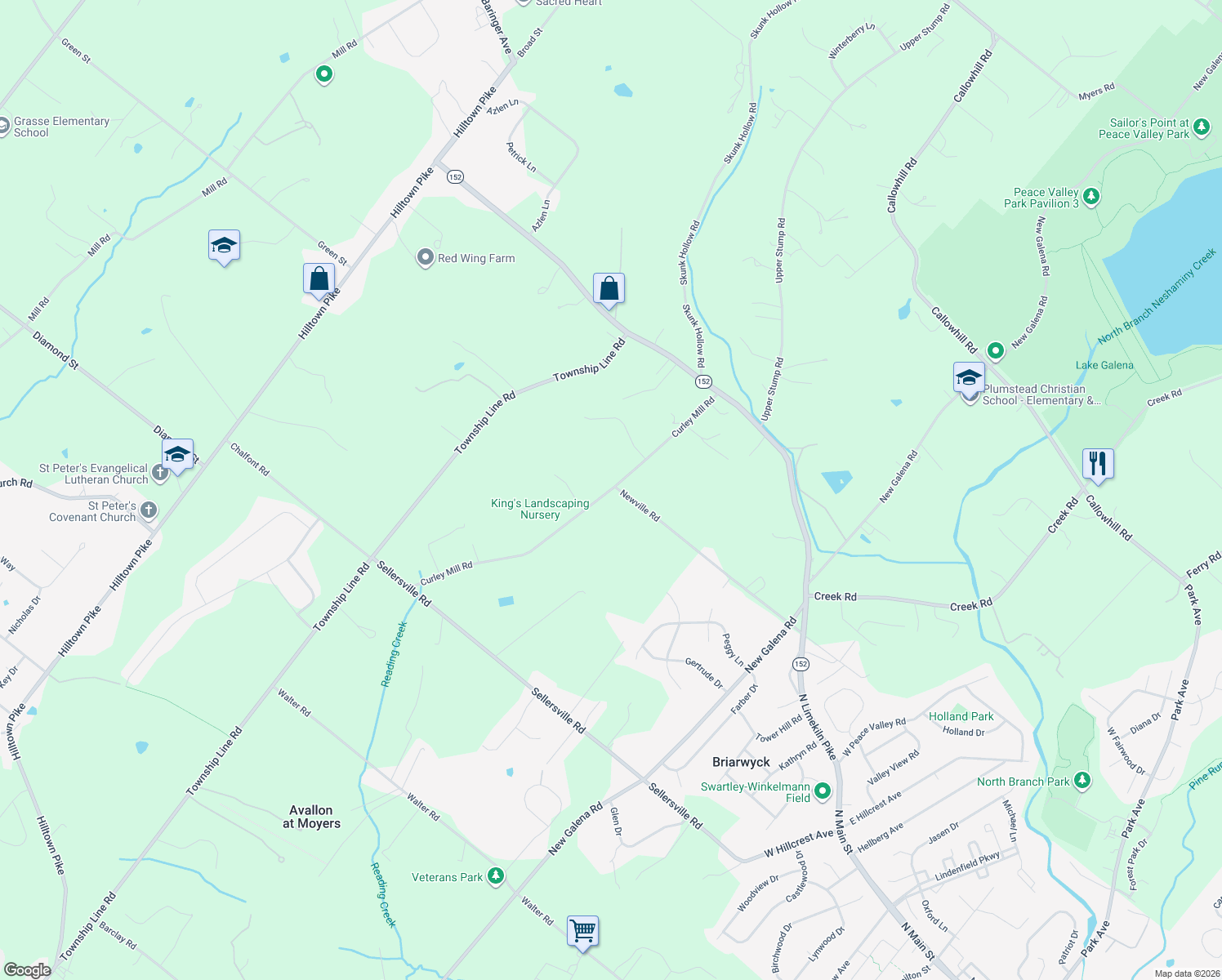 map of restaurants, bars, coffee shops, grocery stores, and more near 193 Curley Mill Road in Chalfont