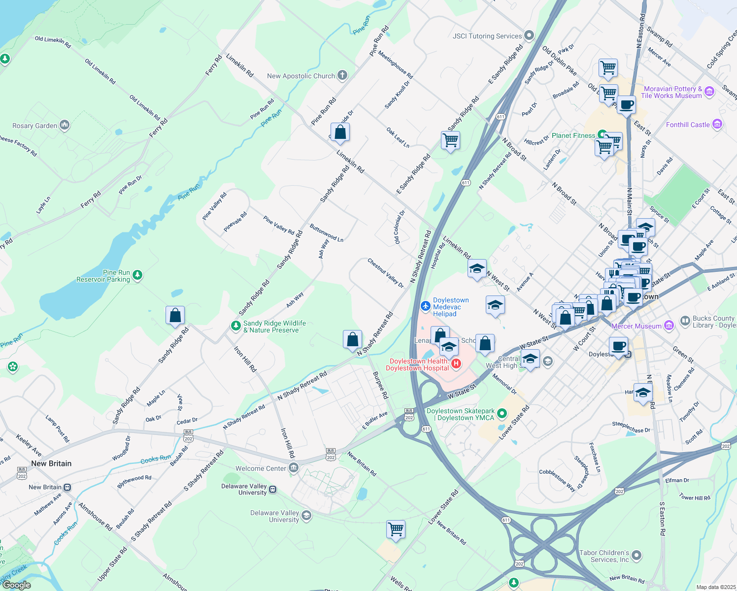 map of restaurants, bars, coffee shops, grocery stores, and more near 61 Chestnut Valley Drive in Doylestown