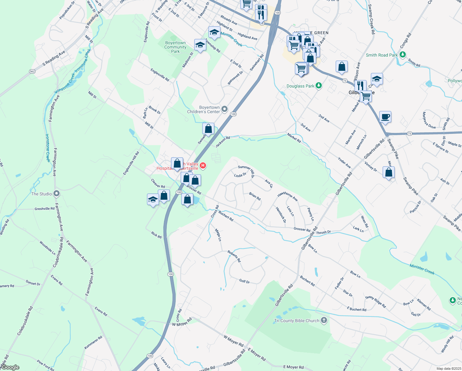 map of restaurants, bars, coffee shops, grocery stores, and more near 1160 Silcox Drive in Gilbertsville