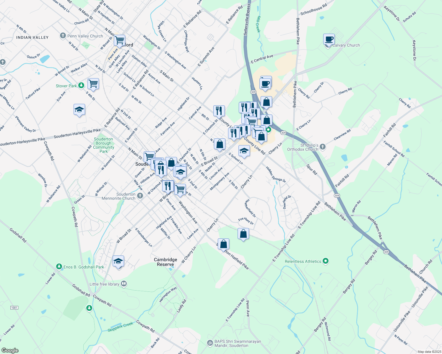 map of restaurants, bars, coffee shops, grocery stores, and more near 441 Montgomery Avenue in Souderton