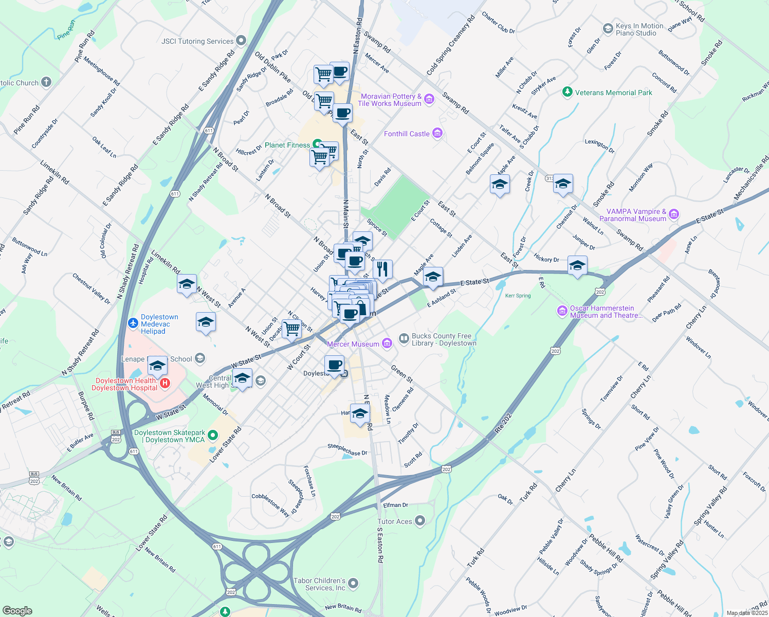 map of restaurants, bars, coffee shops, grocery stores, and more near 104 East Oakland Avenue in Doylestown