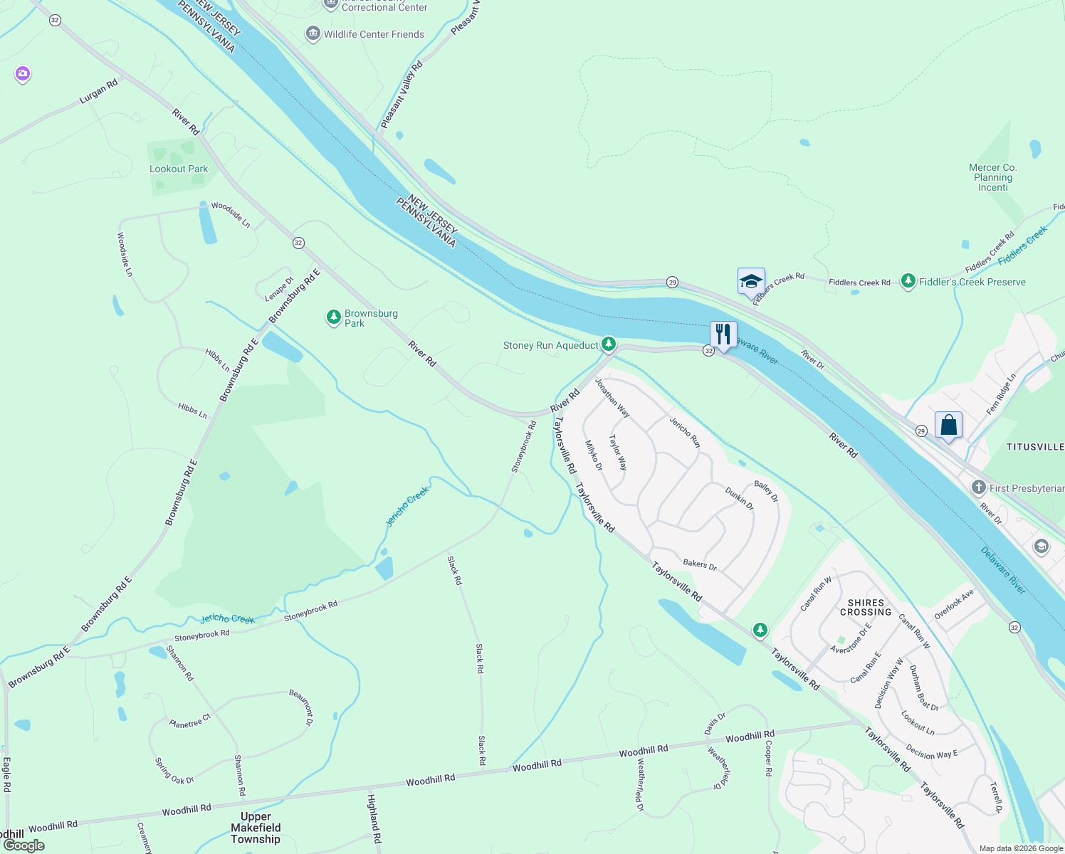 map of restaurants, bars, coffee shops, grocery stores, and more near 498 Stoneybrook Road in New Hope