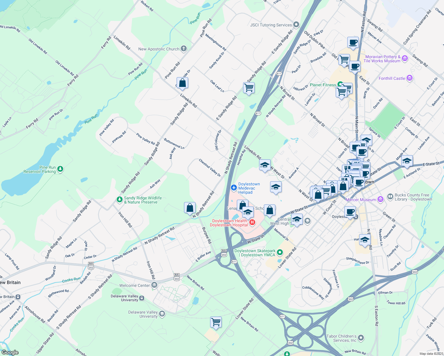 map of restaurants, bars, coffee shops, grocery stores, and more near 530 Chestnut Valley Drive in Doylestown