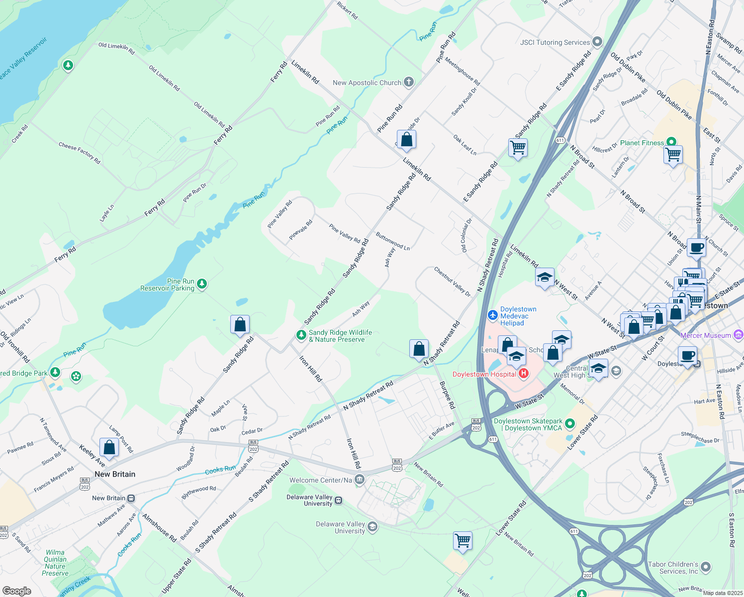 map of restaurants, bars, coffee shops, grocery stores, and more near 179 Ash Way in Doylestown