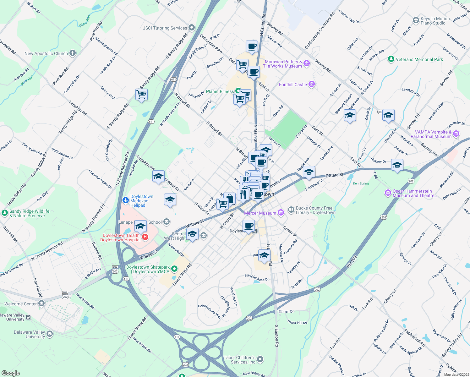 map of restaurants, bars, coffee shops, grocery stores, and more near 85 N Hamilton St in Doylestown