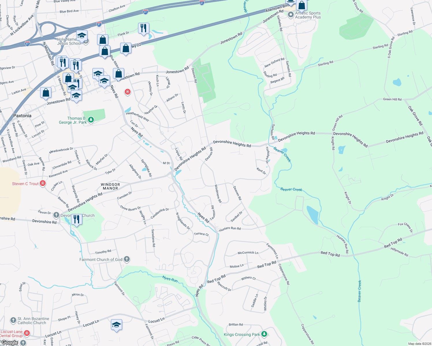 map of restaurants, bars, coffee shops, grocery stores, and more near 6520 Windmere Road in Harrisburg