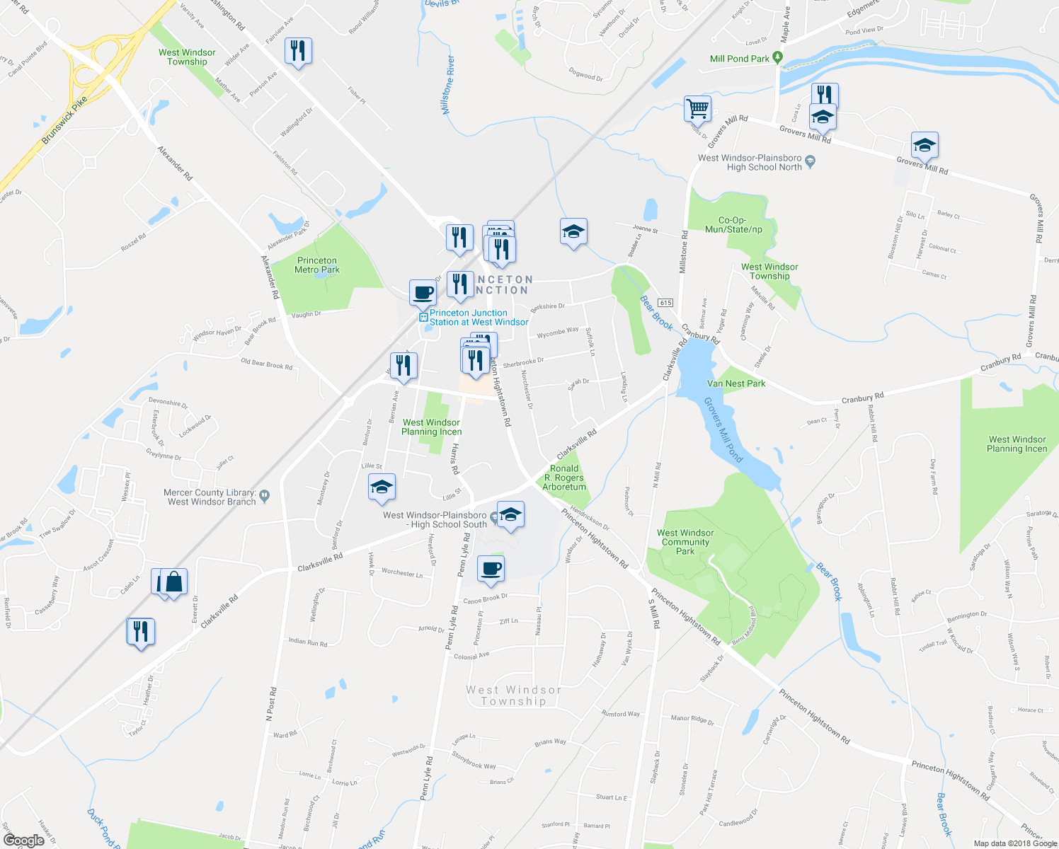 map of restaurants, bars, coffee shops, grocery stores, and more near 20 Norchester Drive in West Windsor Township