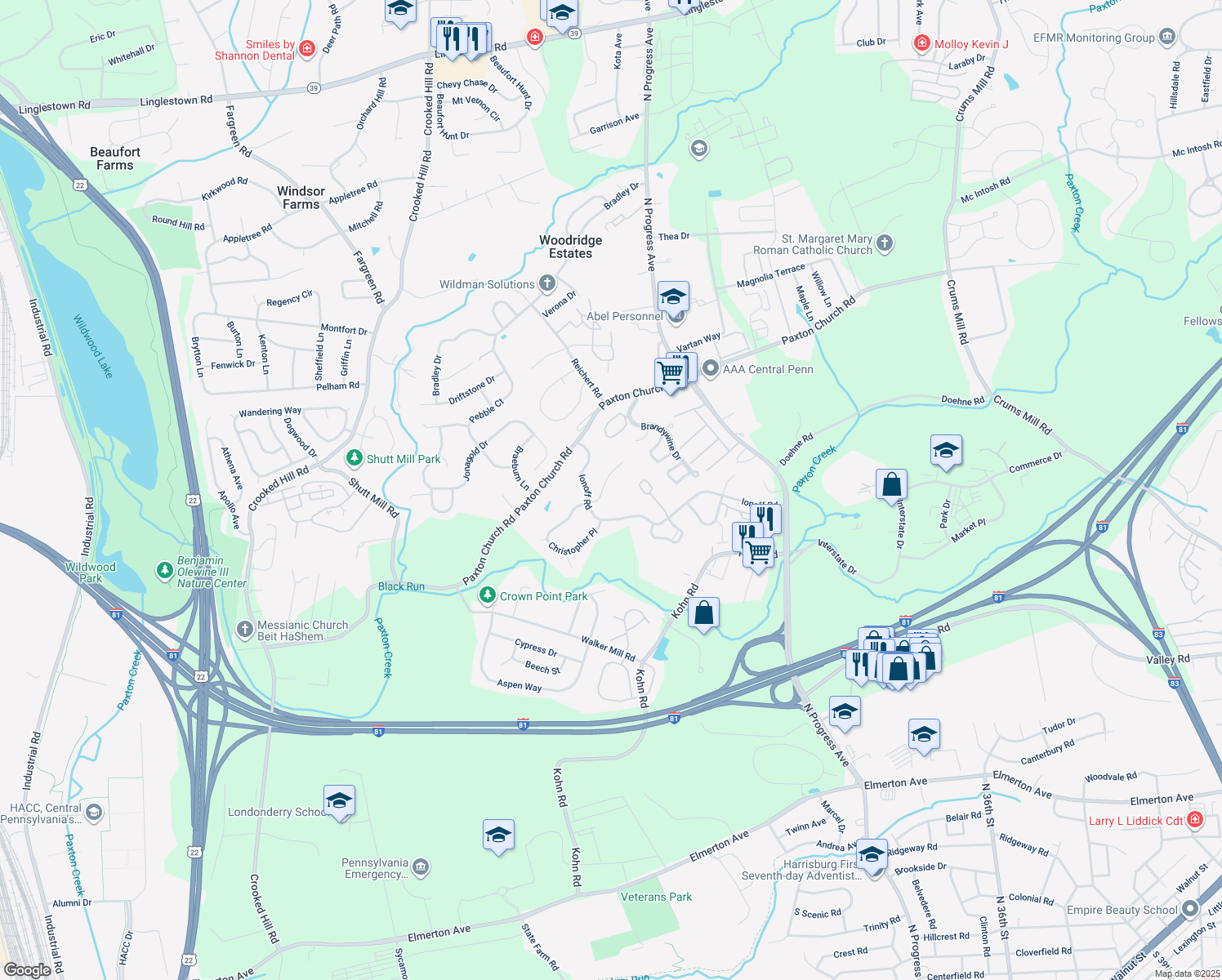 map of restaurants, bars, coffee shops, grocery stores, and more near 2009 Bonita Court in Harrisburg