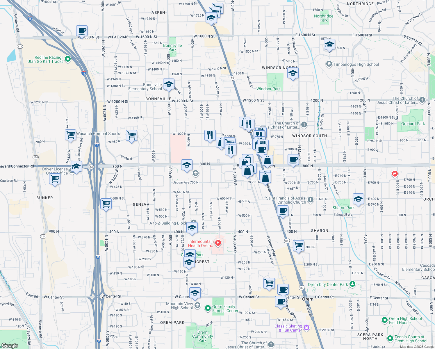 map of restaurants, bars, coffee shops, grocery stores, and more near 516 West 740 North Street in Orem