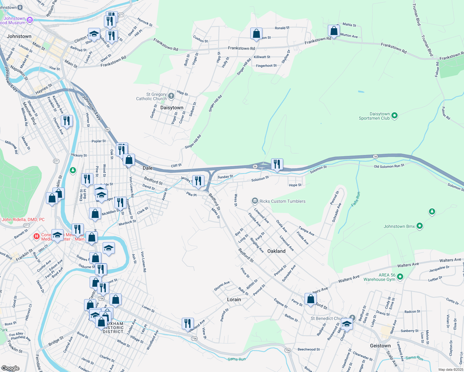 map of restaurants, bars, coffee shops, grocery stores, and more near 1199 Lehman Pl in Johnstown
