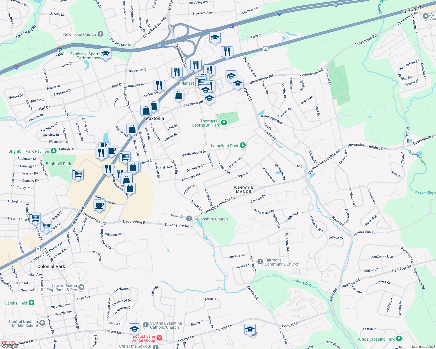map of restaurants, bars, coffee shops, grocery stores, and more near 5858 Mayfair Dr in Harrisburg