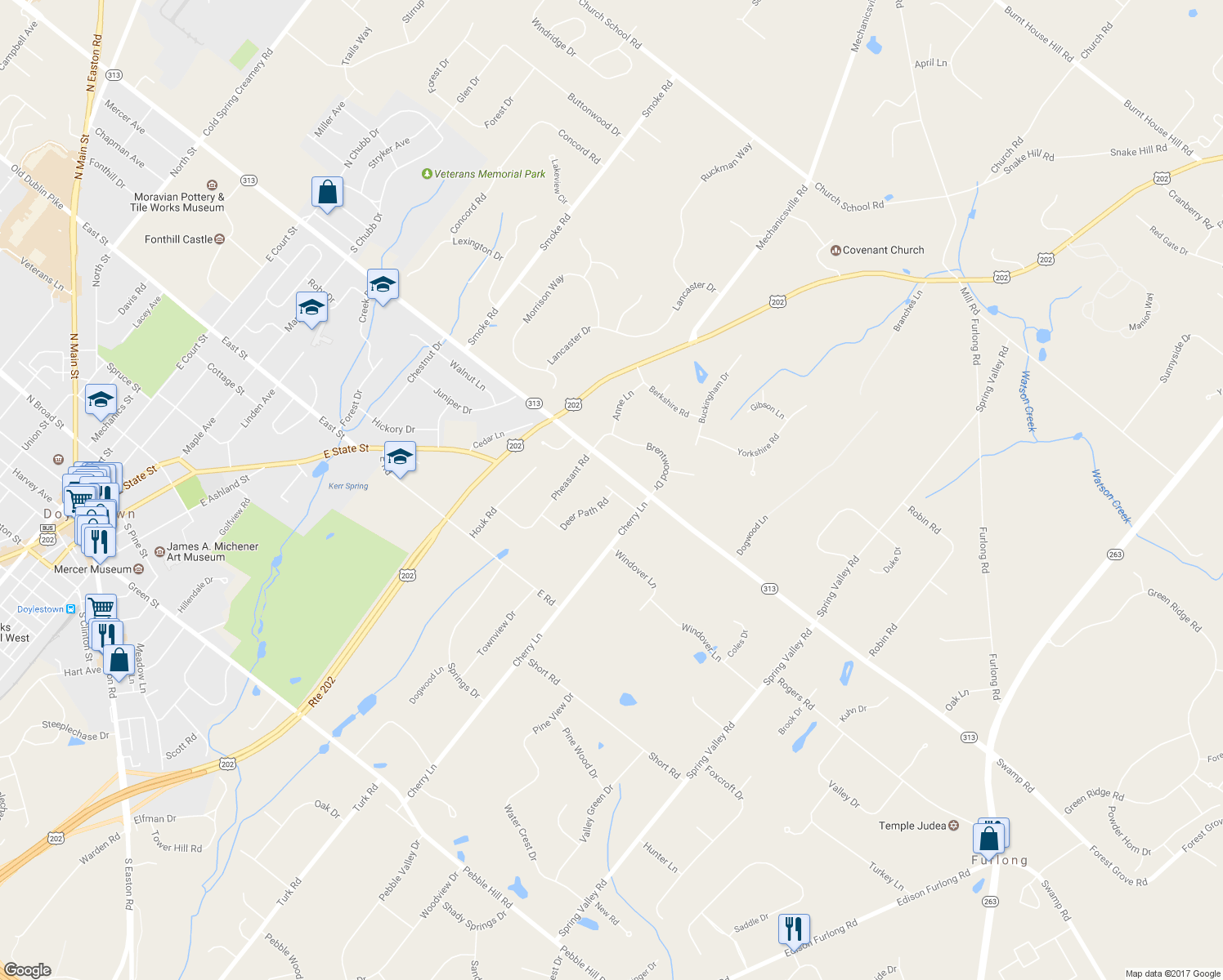 map of restaurants, bars, coffee shops, grocery stores, and more near 15 Robyn Lane in Doylestown