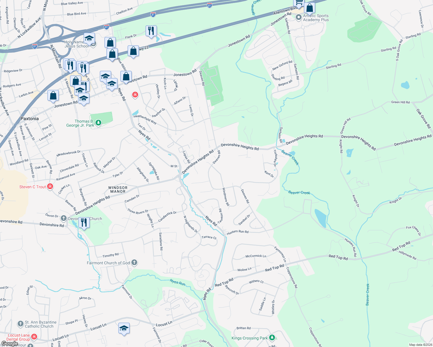 map of restaurants, bars, coffee shops, grocery stores, and more near 6515 Windmere Rd in Harrisburg