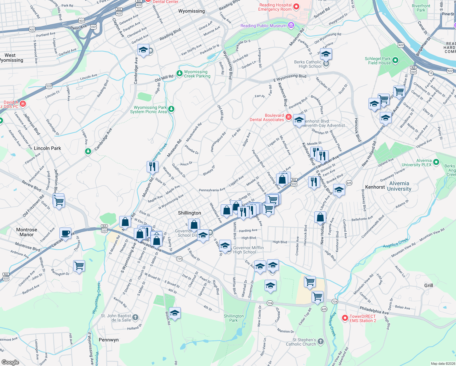 map of restaurants, bars, coffee shops, grocery stores, and more near 1823 Liggett Avenue in Reading