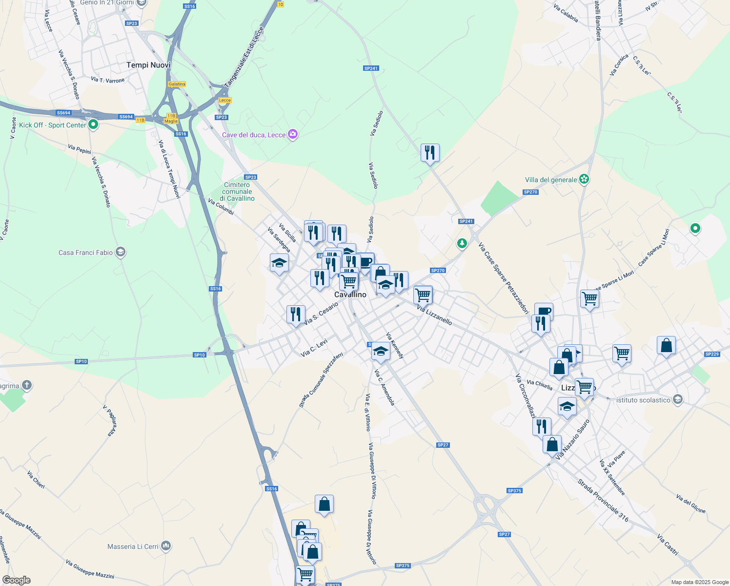 map of restaurants, bars, coffee shops, grocery stores, and more near 33 Via Principe di Piemonte in Cavallino