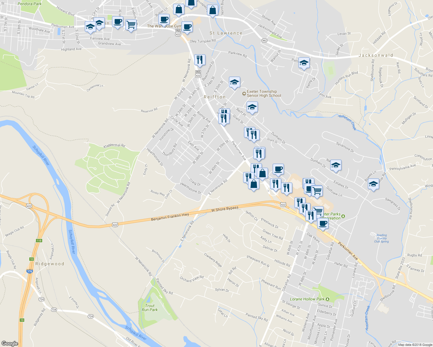 map of restaurants, bars, coffee shops, grocery stores, and more near 216 Grande Valley Road in Reading