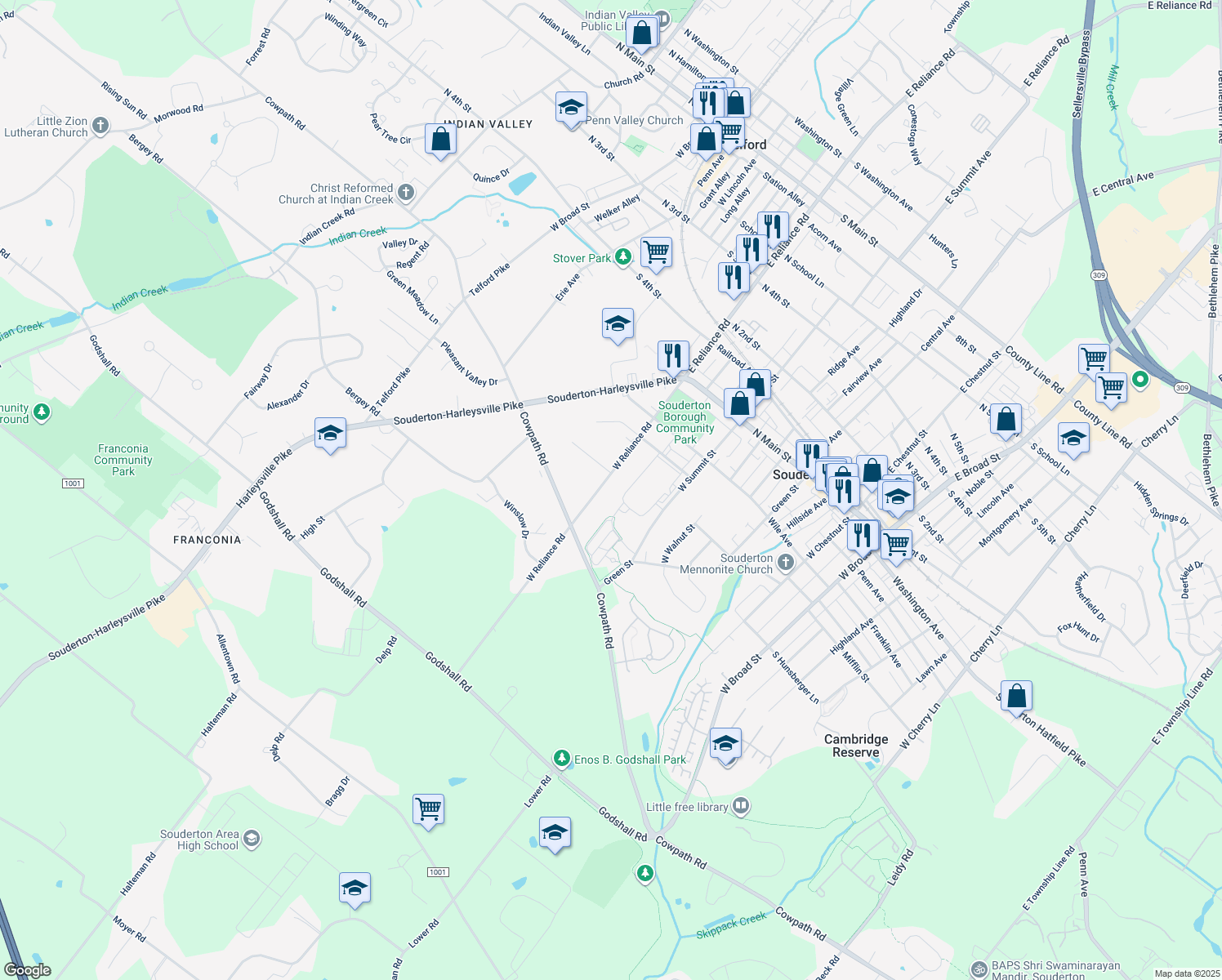 map of restaurants, bars, coffee shops, grocery stores, and more near 230 West Reliance Road in Souderton
