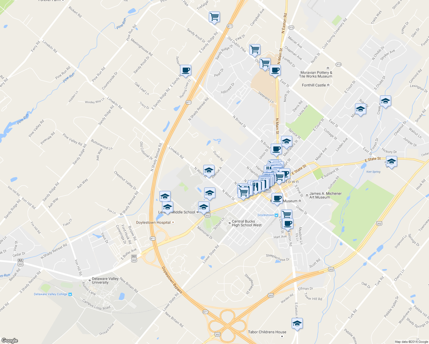 map of restaurants, bars, coffee shops, grocery stores, and more near 117 Westbury Court in Doylestown