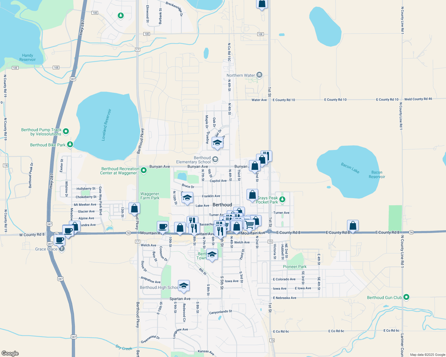 map of restaurants, bars, coffee shops, grocery stores, and more near 480 Capitol Ave in Berthoud