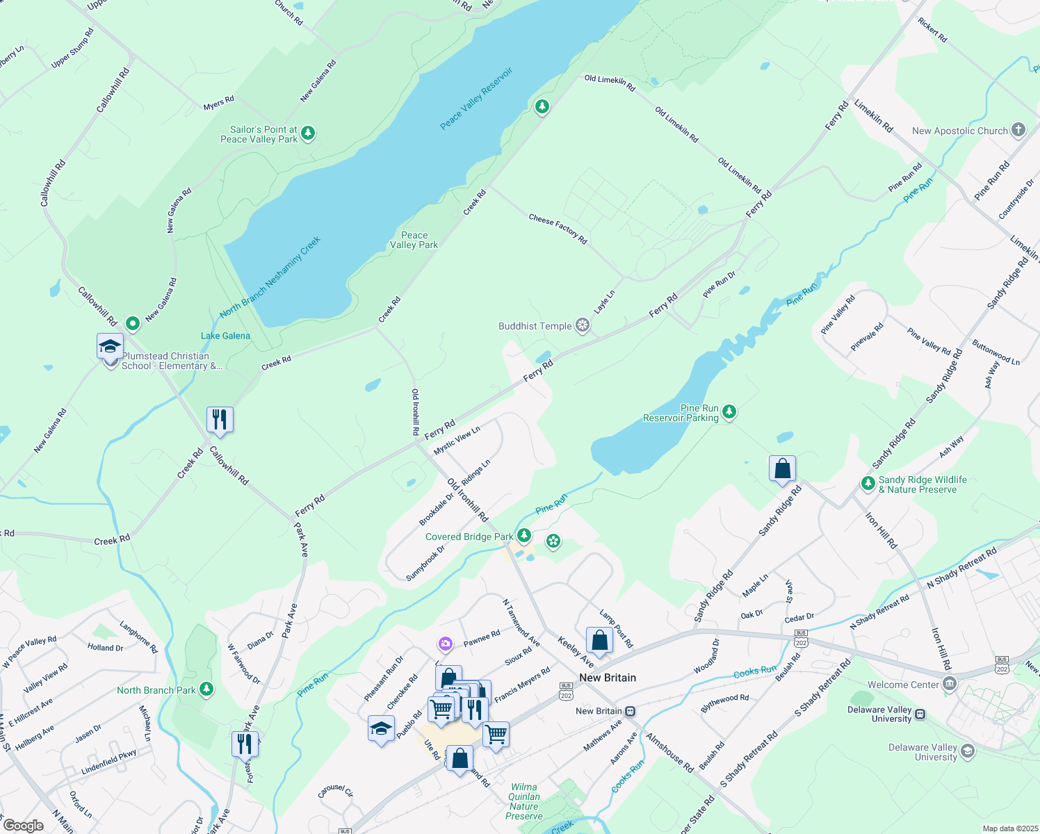 map of restaurants, bars, coffee shops, grocery stores, and more near 52 Mystic View Lane in Doylestown